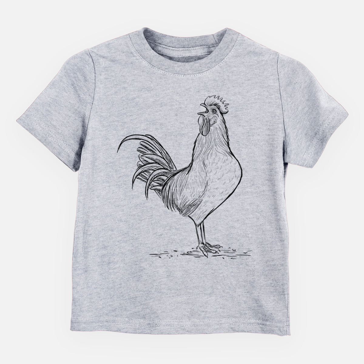 Heather grey toddler t-shirt laid flat, printed with a detailed black ink illustration of a rooster crowing.
