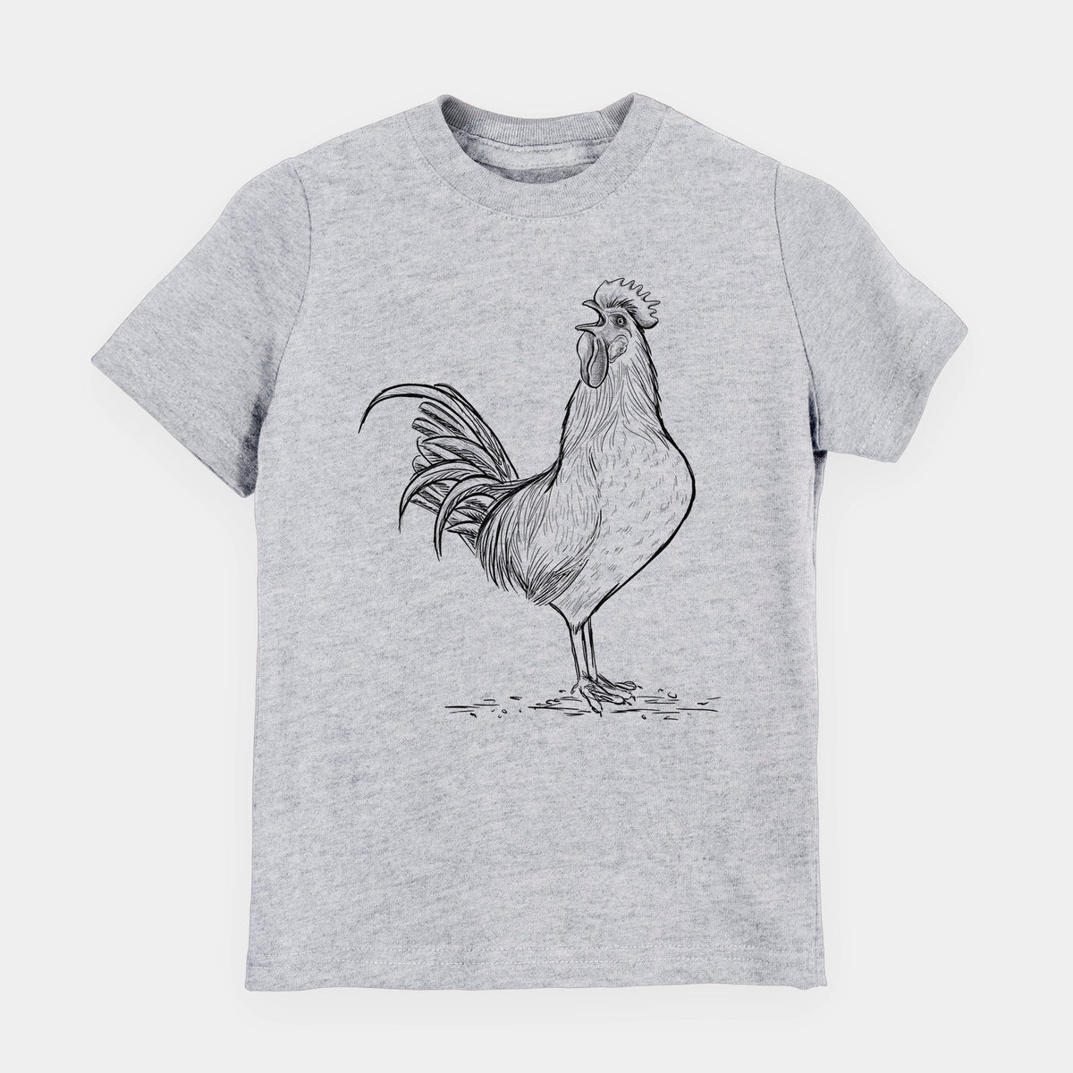 Heather grey youth t-shirt laid flat, printed with a detailed black ink illustration of a rooster crowing.