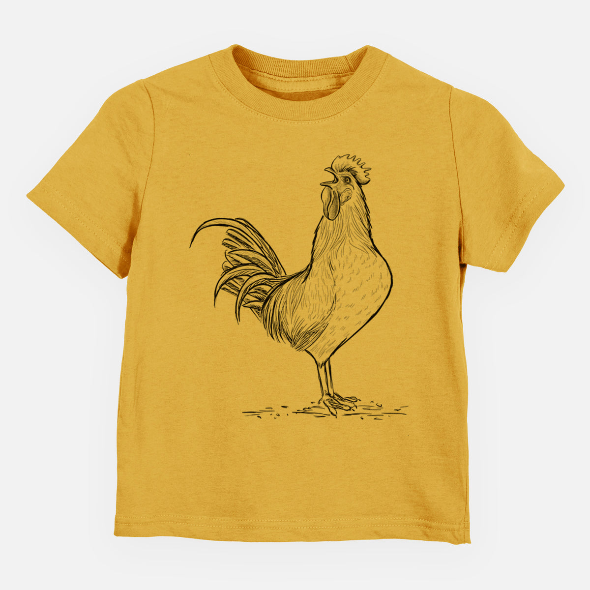 Honeycomb yellow toddler t-shirt laid flat, printed with a detailed black ink illustration of a rooster crowing.