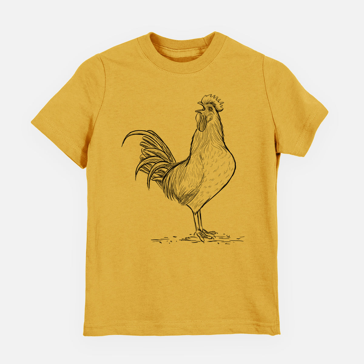 Honeycomb yellow youth t-shirt laid flat, printed with a detailed black ink illustration of a rooster crowing.