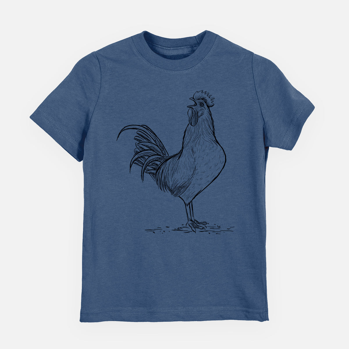 Indigo blue youth t-shirt laid flat, printed with a detailed black ink illustration of a rooster crowing.