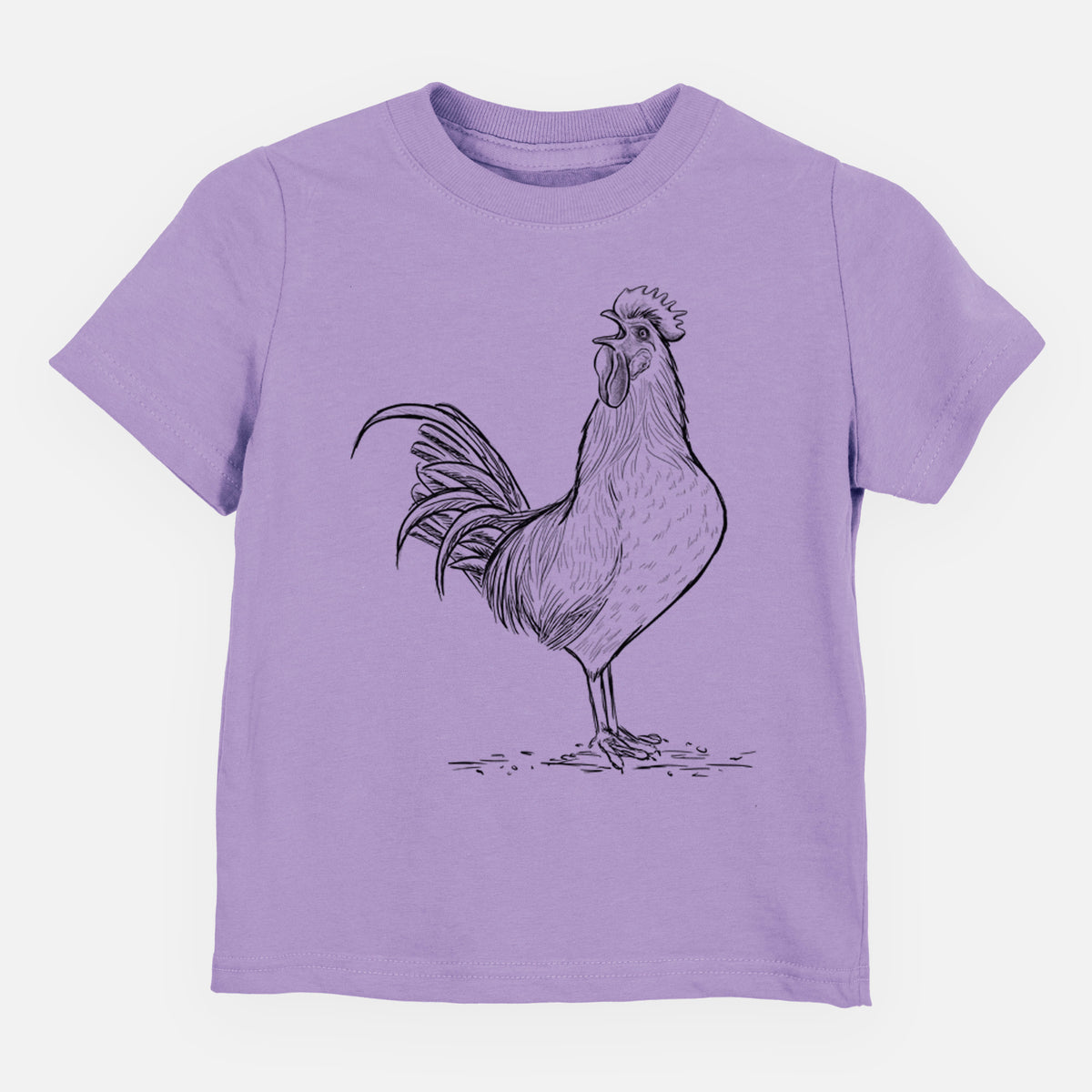 Lavender toddler t-shirt laid flat, printed with a detailed black ink illustration of a rooster crowing.