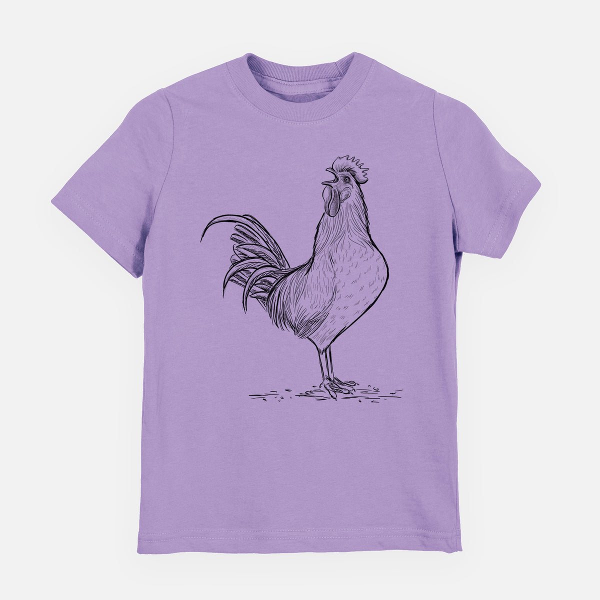 Lavender youth t-shirt laid flat, printed with a detailed black ink illustration of a rooster crowing.