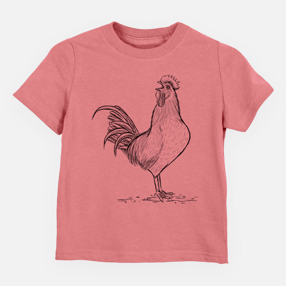 Mauve pink toddler t-shirt laid flat, printed with a detailed black ink illustration of a rooster crowing.