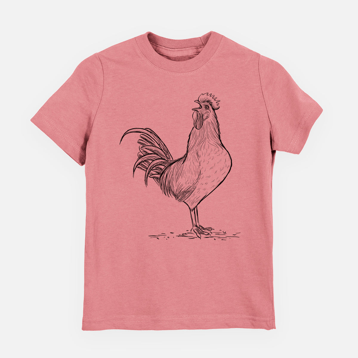 Mauve pink youth t-shirt laid flat, printed with a detailed black ink illustration of a rooster crowing.