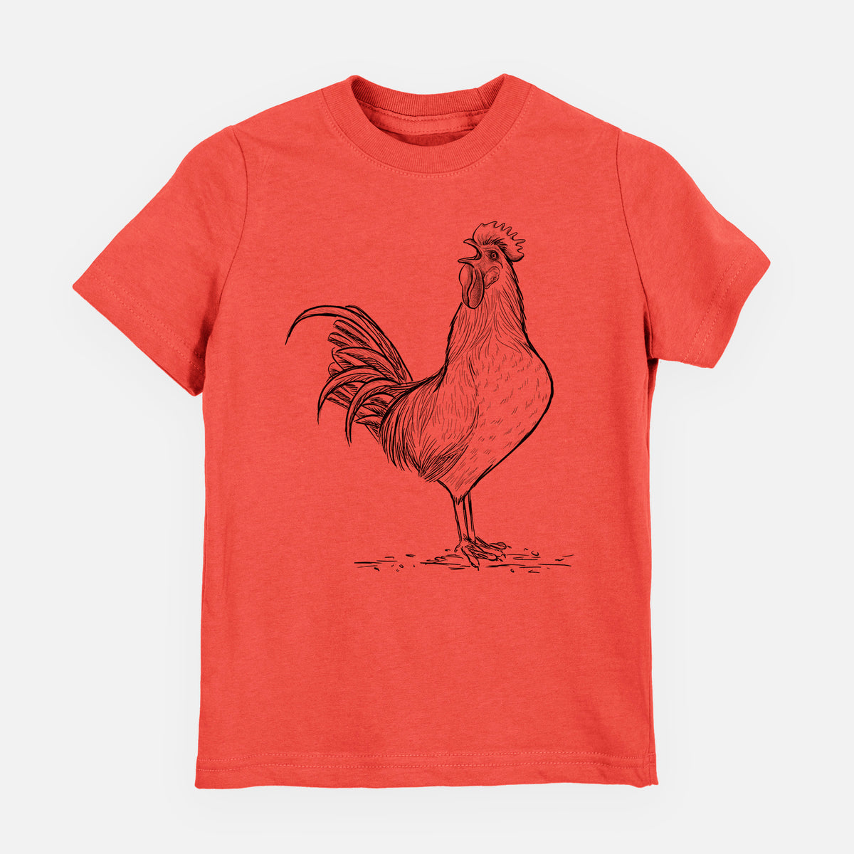 Passionfruit pink youth t-shirt laid flat, printed with a detailed black ink illustration of a rooster crowing.