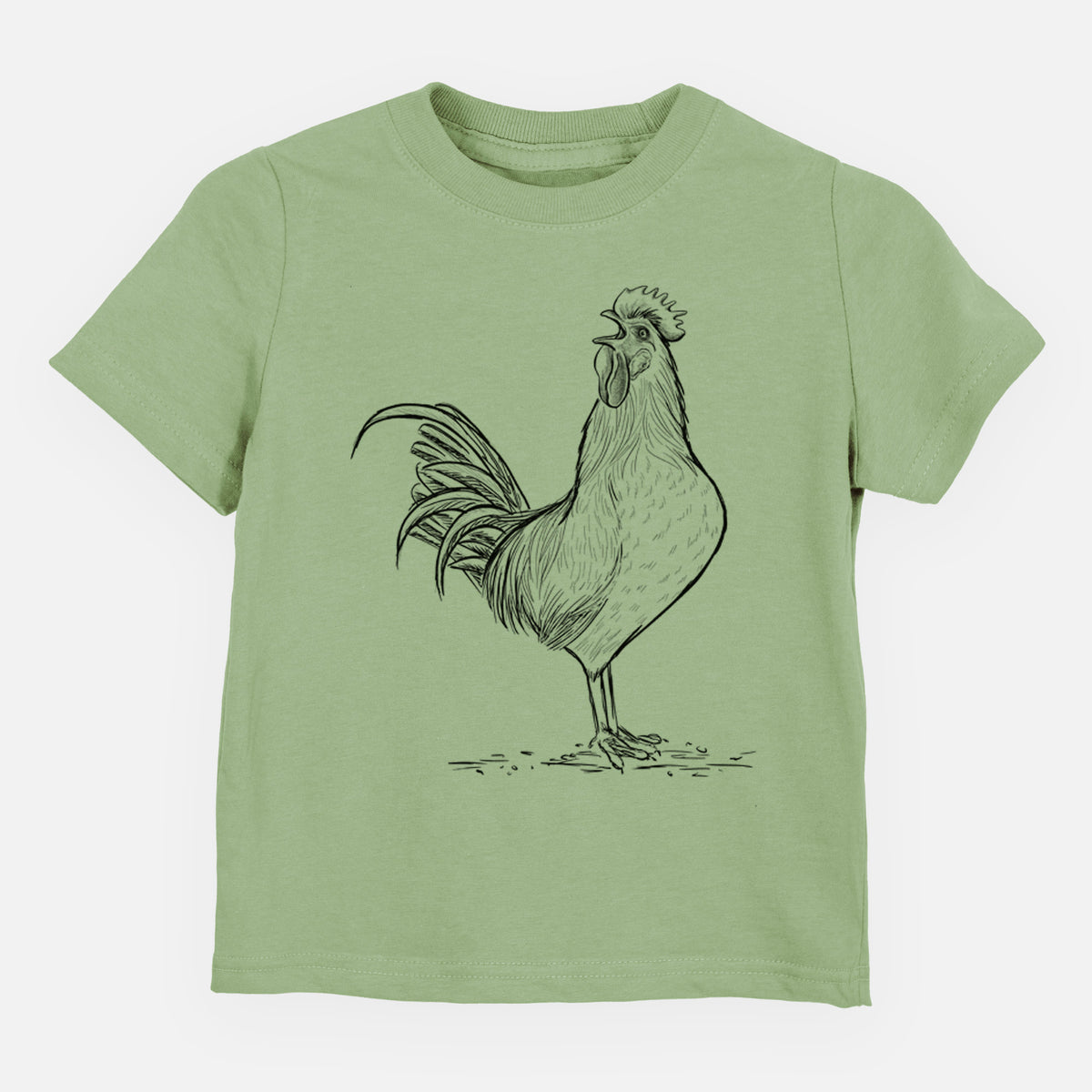 Sage green toddler t-shirt laid flat, printed with a detailed black ink illustration of a rooster crowing.