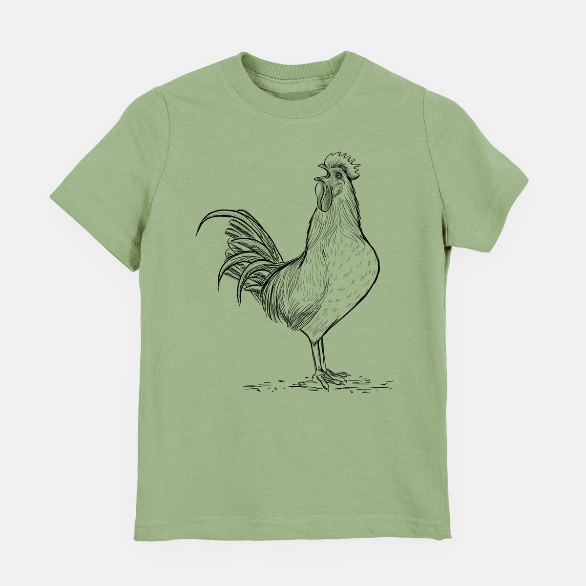 Sage green youth t-shirt laid flat, printed with a detailed black ink illustration of a rooster crowing.