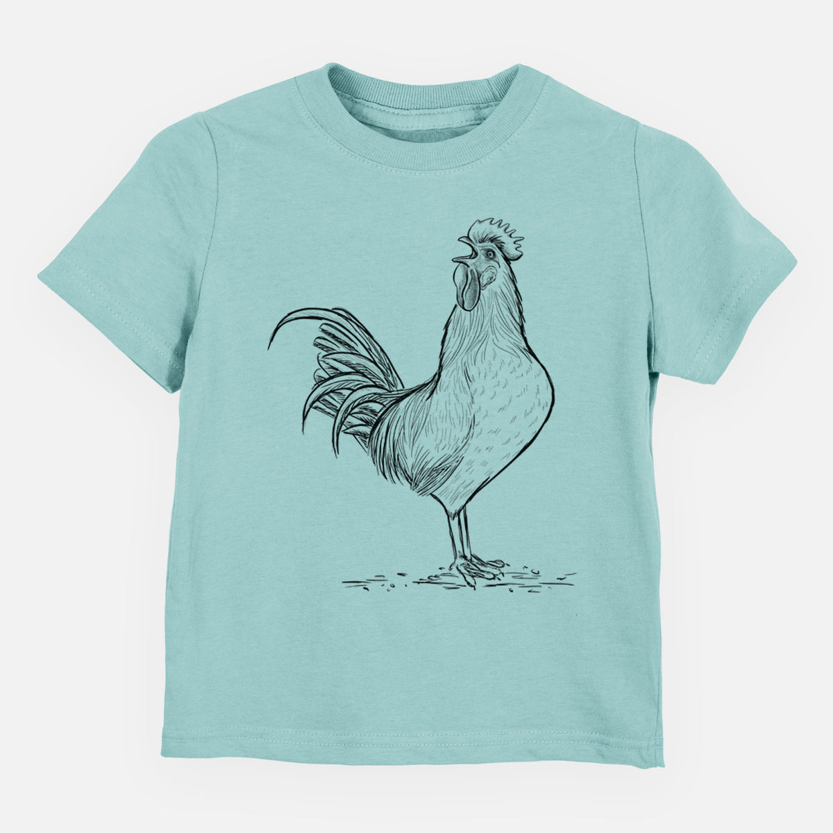 Saltwater toddler t-shirt laid flat, printed with a detailed black ink illustration of a rooster crowing.