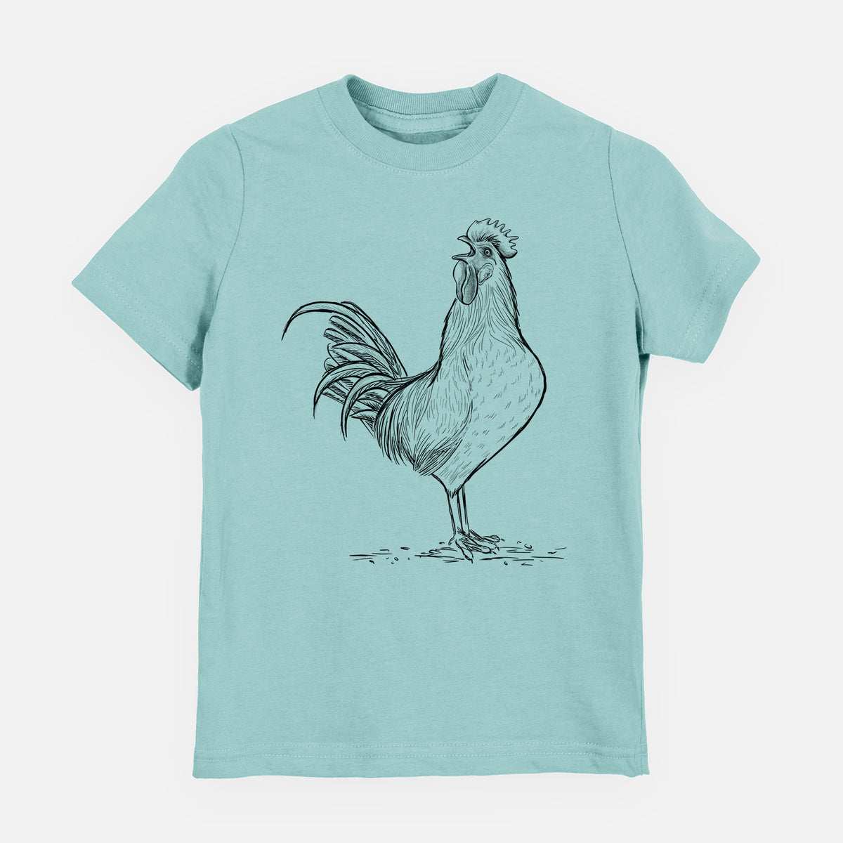 Saltwater youth t-shirt laid flat, printed with a detailed black ink illustration of a rooster crowing.