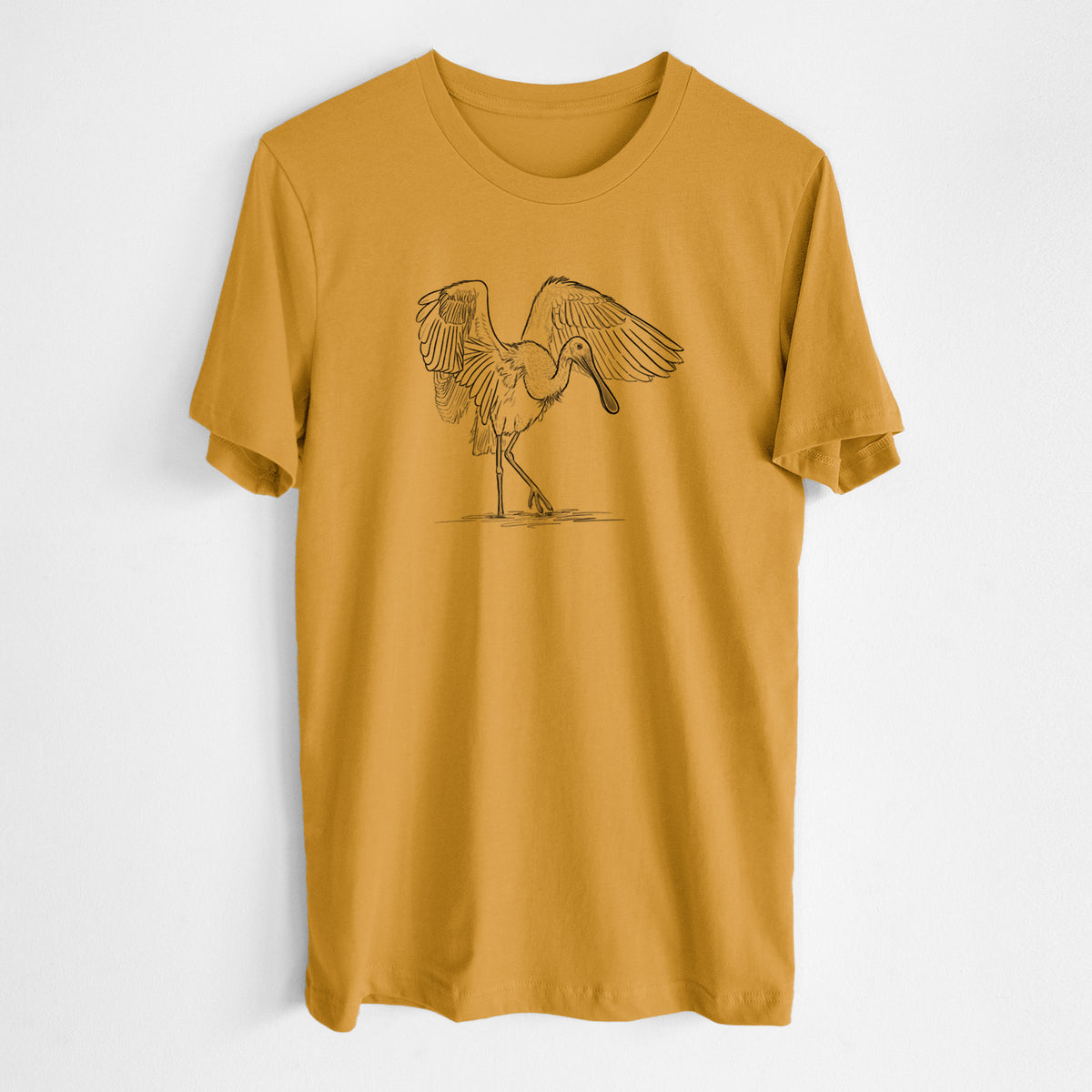 Honeycomb yellow lightweight cotton t-shirt laid flat, printed with a black ink illustration of a roseate spoonbill standing with its wings spread.