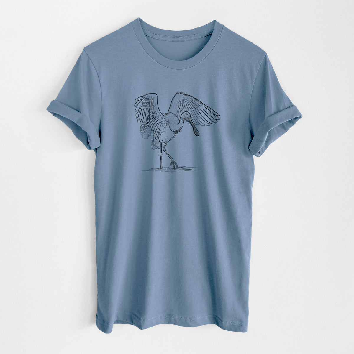 Steel blue lightweight cotton t-shirt laid flat, printed with a black ink illustration of a roseate spoonbill standing with its wings spread.