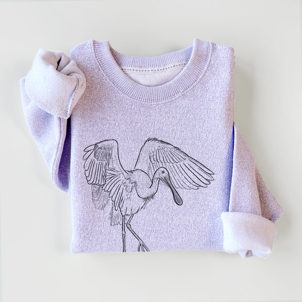 Ice purple knit sweatshirt printed with a black ink illustration of a roseate spoonbill standing with its wings spread, styled flat.