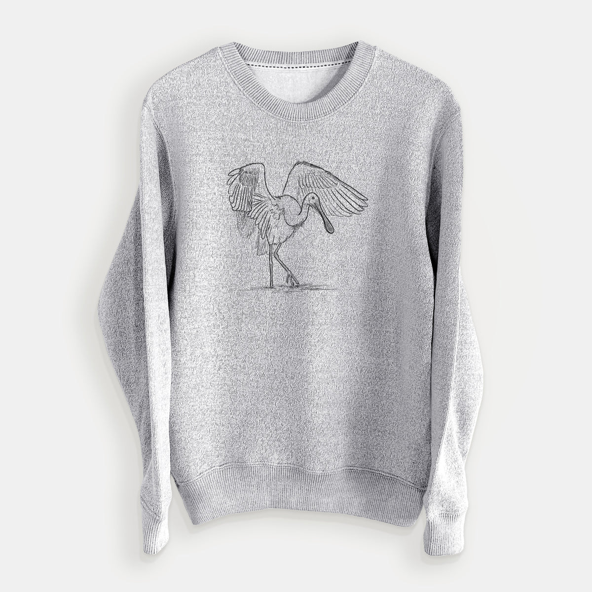 Salt and pepper knit sweatshirt laid flat, printed with a black ink illustration of a roseate spoonbill standing with its wings spread.