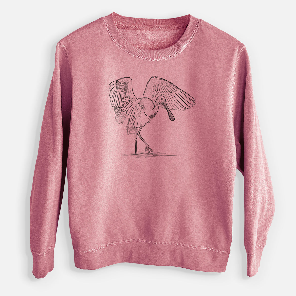 Mauve pink youth crewneck sweatshirt laid flat, printed with a black ink illustration of a roseate spoonbill standing with its wings spread.