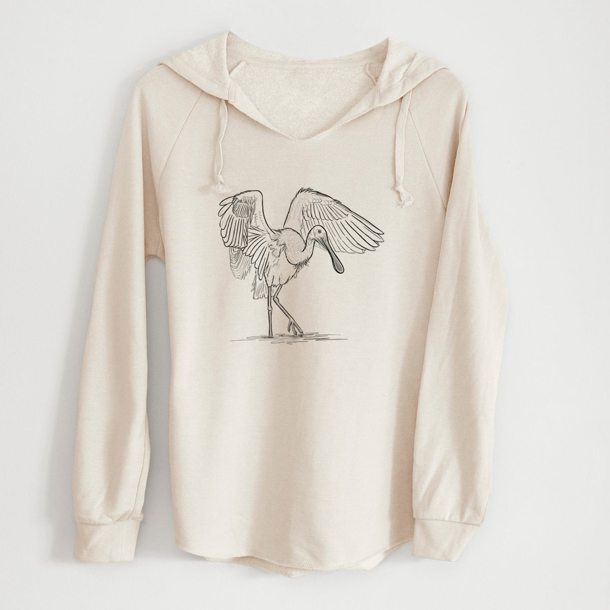 Bone cream women's Cali Wave hooded sweatshirt laid flat, printed with a black ink illustration of a roseate spoonbill standing with its wings spread.