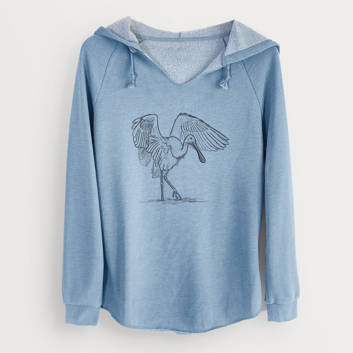 Misty blue women's Cali Wave hooded sweatshirt laid flat, printed with a black ink illustration of a roseate spoonbill standing with its wings spread.