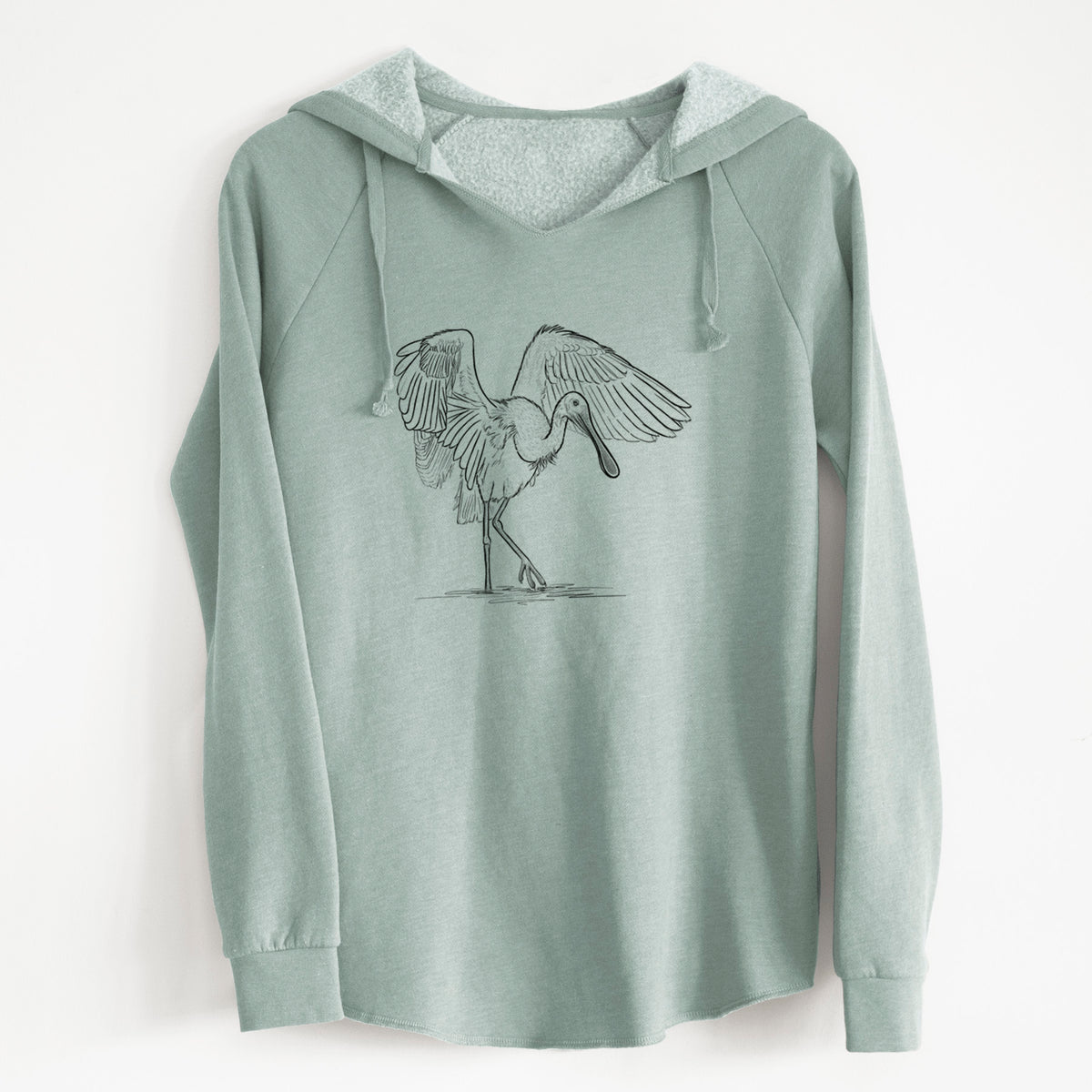 Sage green women's Cali Wave hooded sweatshirt laid flat, printed with a black ink illustration of a roseate spoonbill standing with its wings spread.