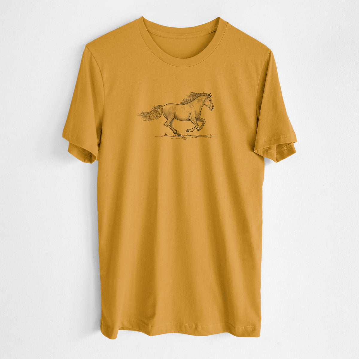Honeycomb yellow lightweight cotton t-shirt laid flat, printed with a black ink illustration of a mustang horse running.