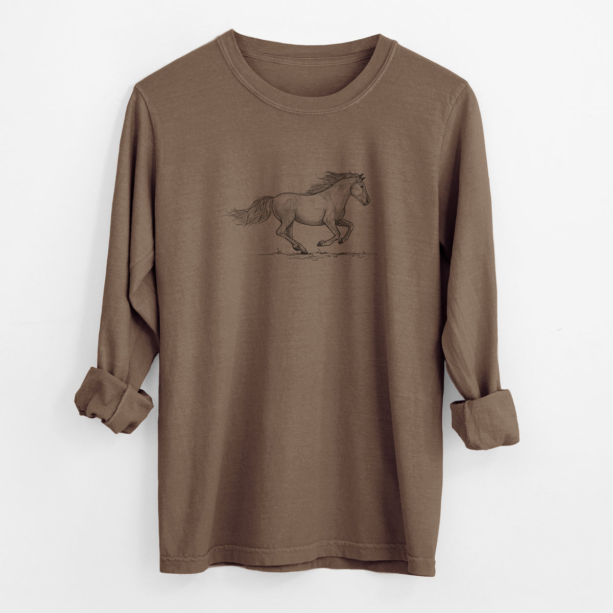 Espresso brown Comfort Colors long sleeve shirt laid flat with the cuffs rolled, printed with a black ink illustration of a mustang horse running.