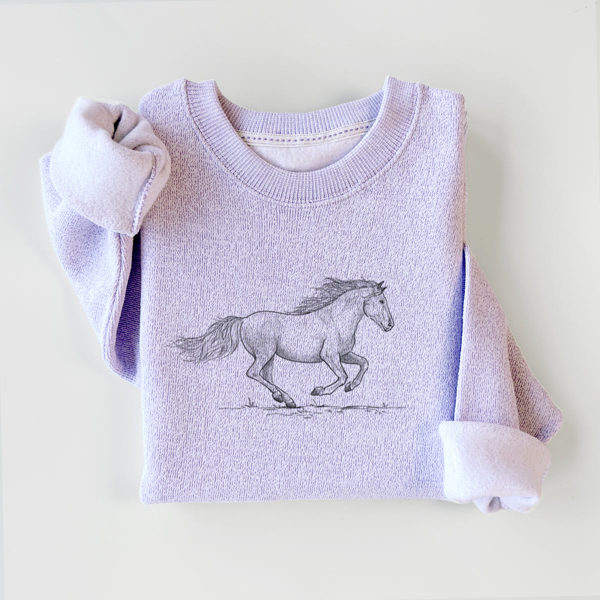 Ice purple knit sweatshirt printed with a black ink illustration of a mustang horse running, styled flat.