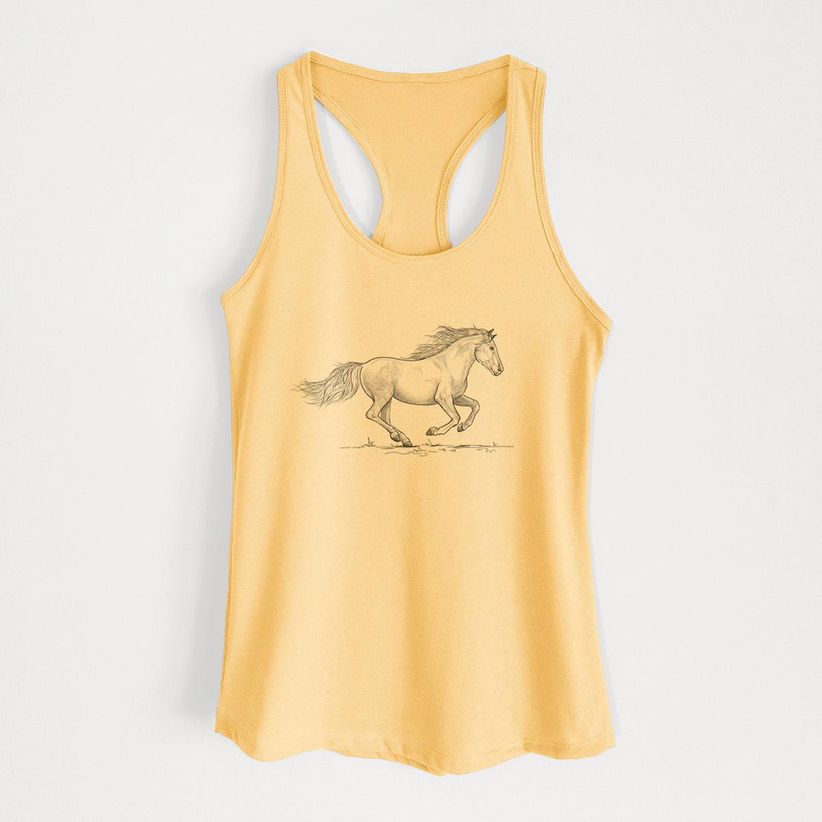Banana cream women's racerback tank top laid flat, printed with a black ink illustration of a mustang horse running.