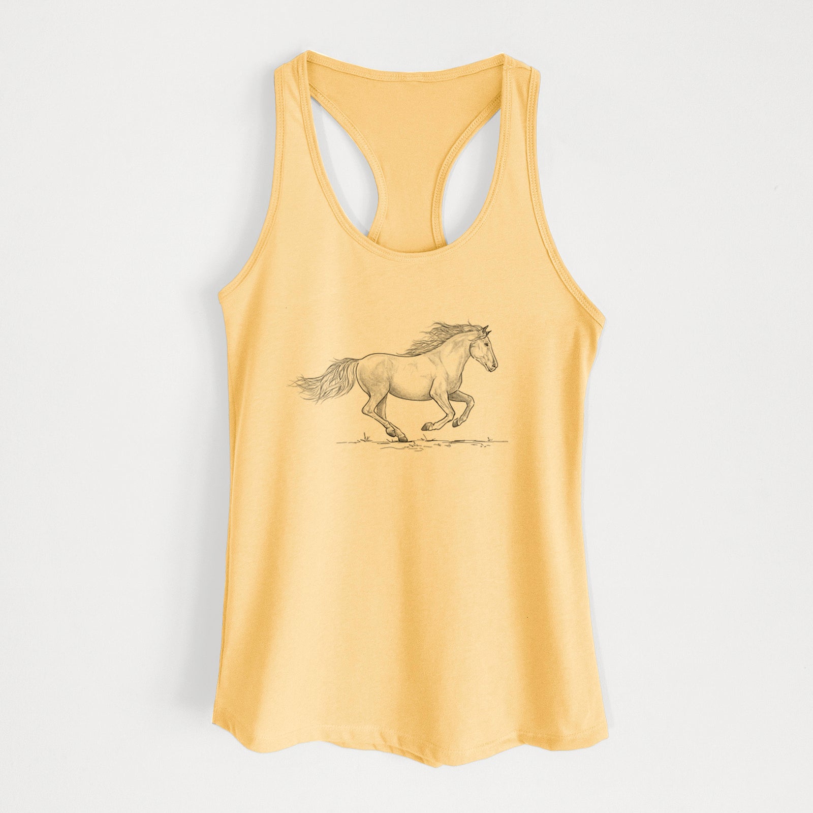 Banana cream women's racerback tank top laid flat, printed with a black ink illustration of a mustang horse running.