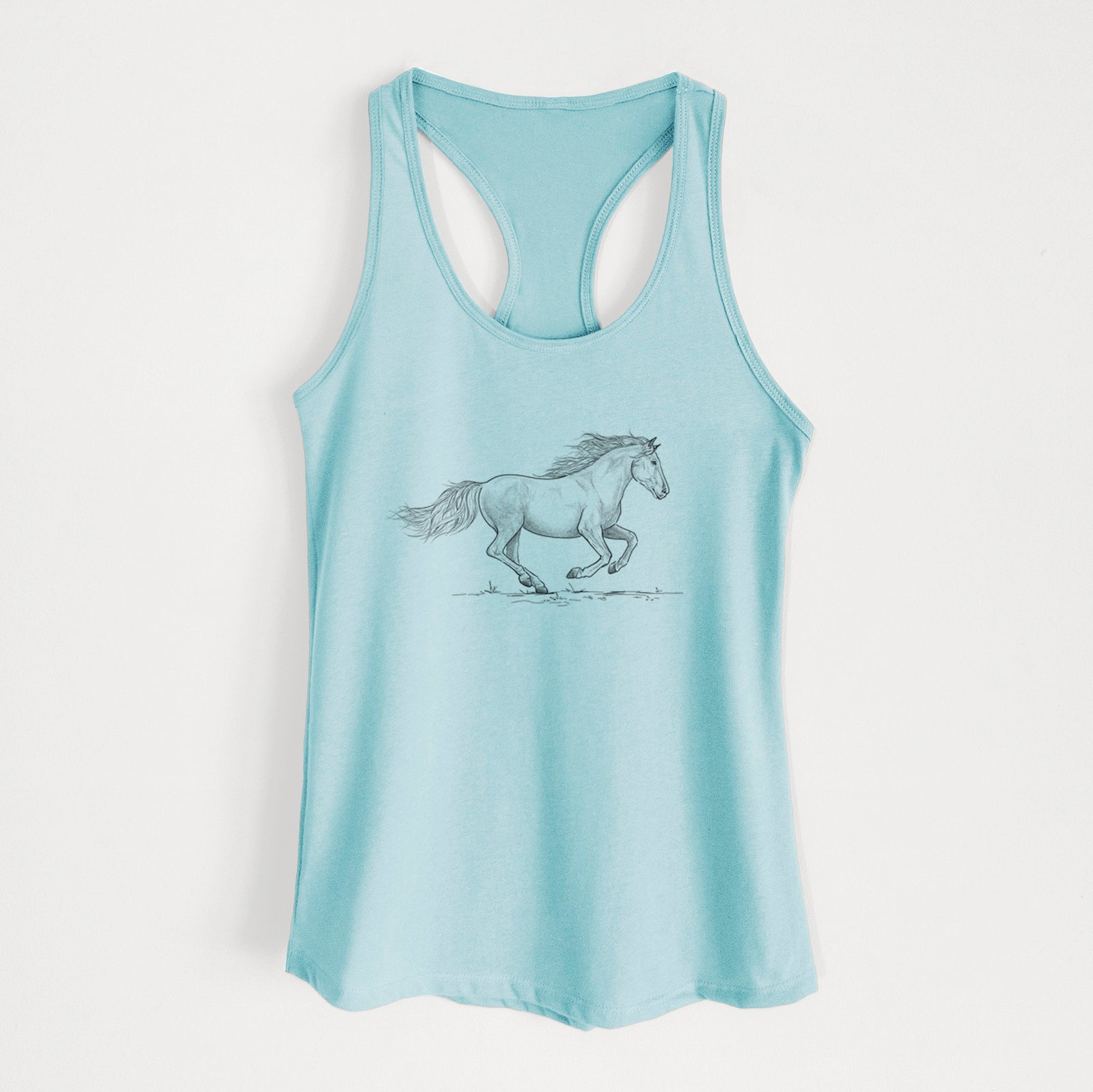 Banana cream women's racerback tank top laid flat, printed with a black ink illustration of a mustang horse running.