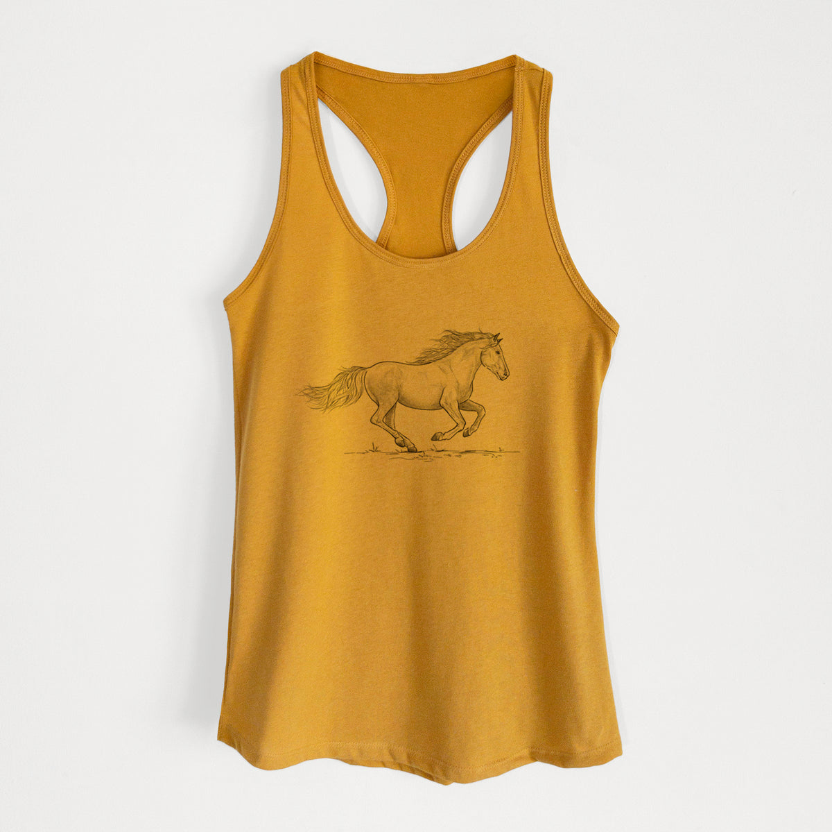 Gold women's racerback tank top laid flat, printed with a black ink illustration of a mustang horse running.