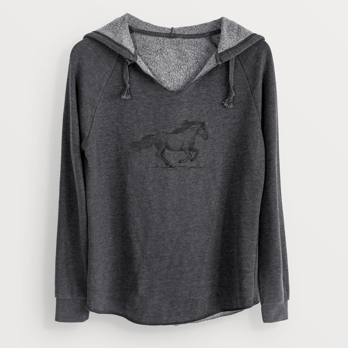 Charcoal grey women's Cali Wave hooded sweatshirt laid flat, printed with a black ink illustration of a mustang horse running.