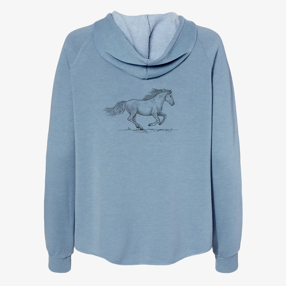 Misty blue women's Cali Wave zip-up sweatshirt laid flat, printed with a black ink illustration of a mustang horse running.