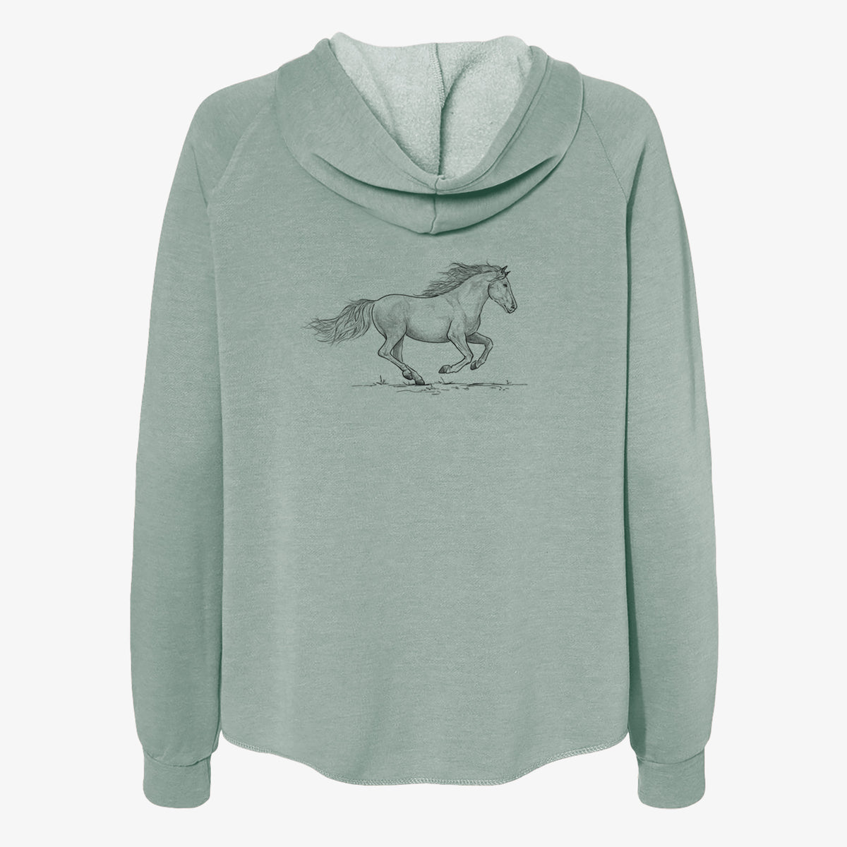 Sage green women's Cali Wave zip-up sweatshirt laid flat, printed with a black ink illustration of a mustang horse running.