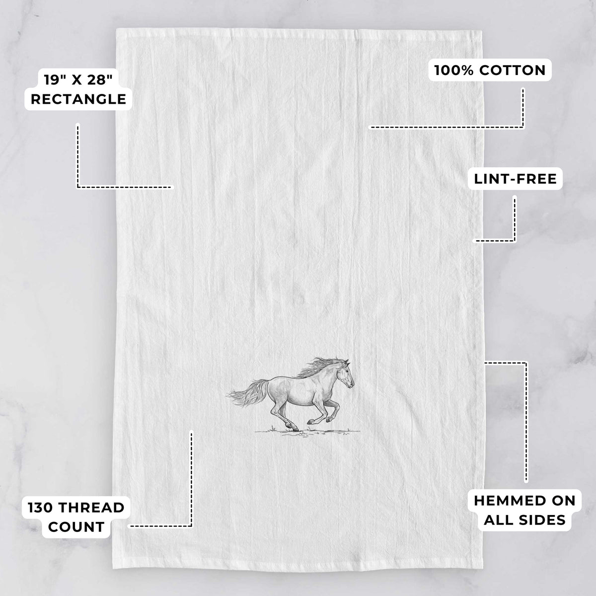 White tea towel printed with a black ink illustration of a mustang horse running, with feature labels: 19 by 28 inch rectangle, 100% cotton, lint-free, 130 thread count, hemmed on all sides.