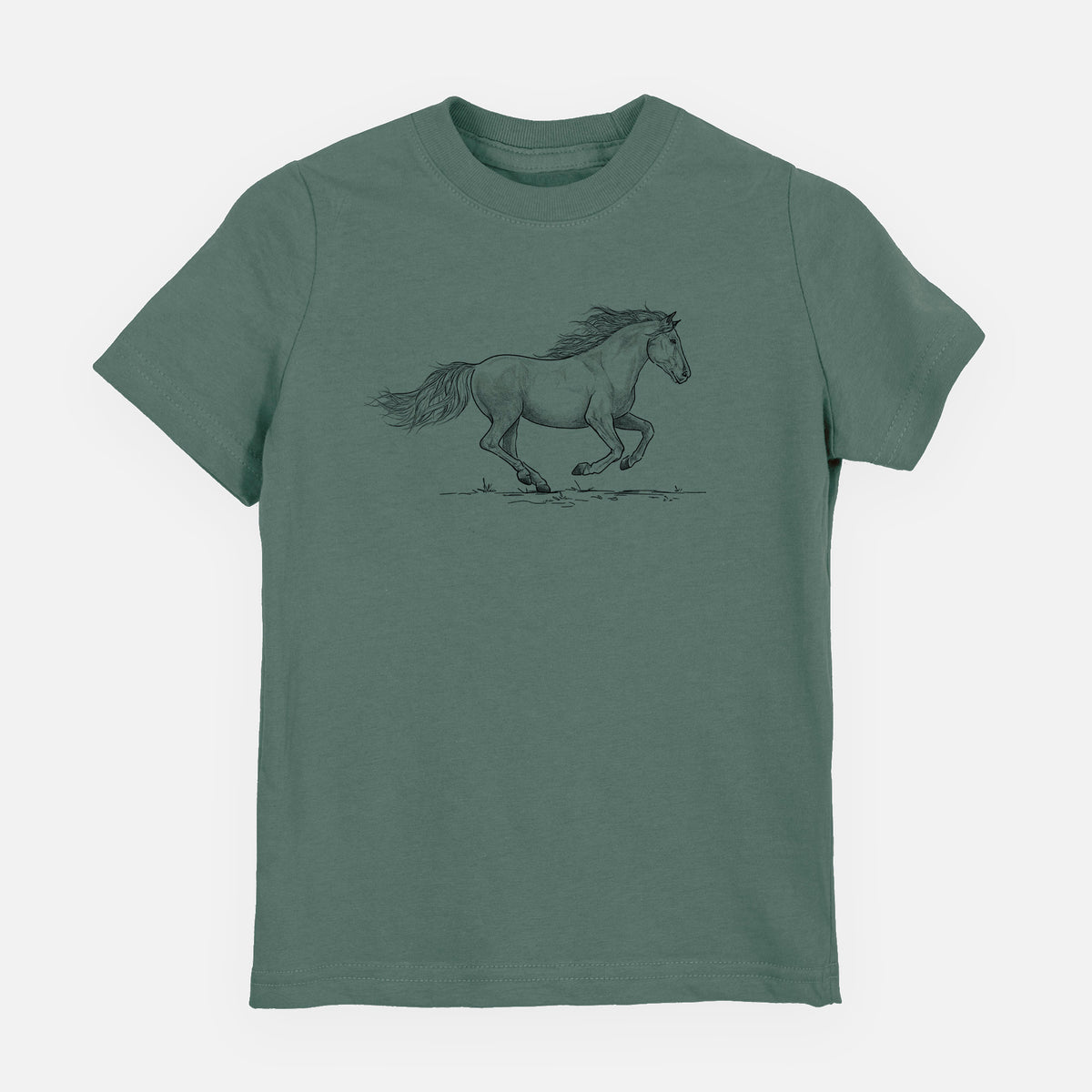 Basil green youth t-shirt laid flat, printed with a black ink illustration of a mustang horse running.
