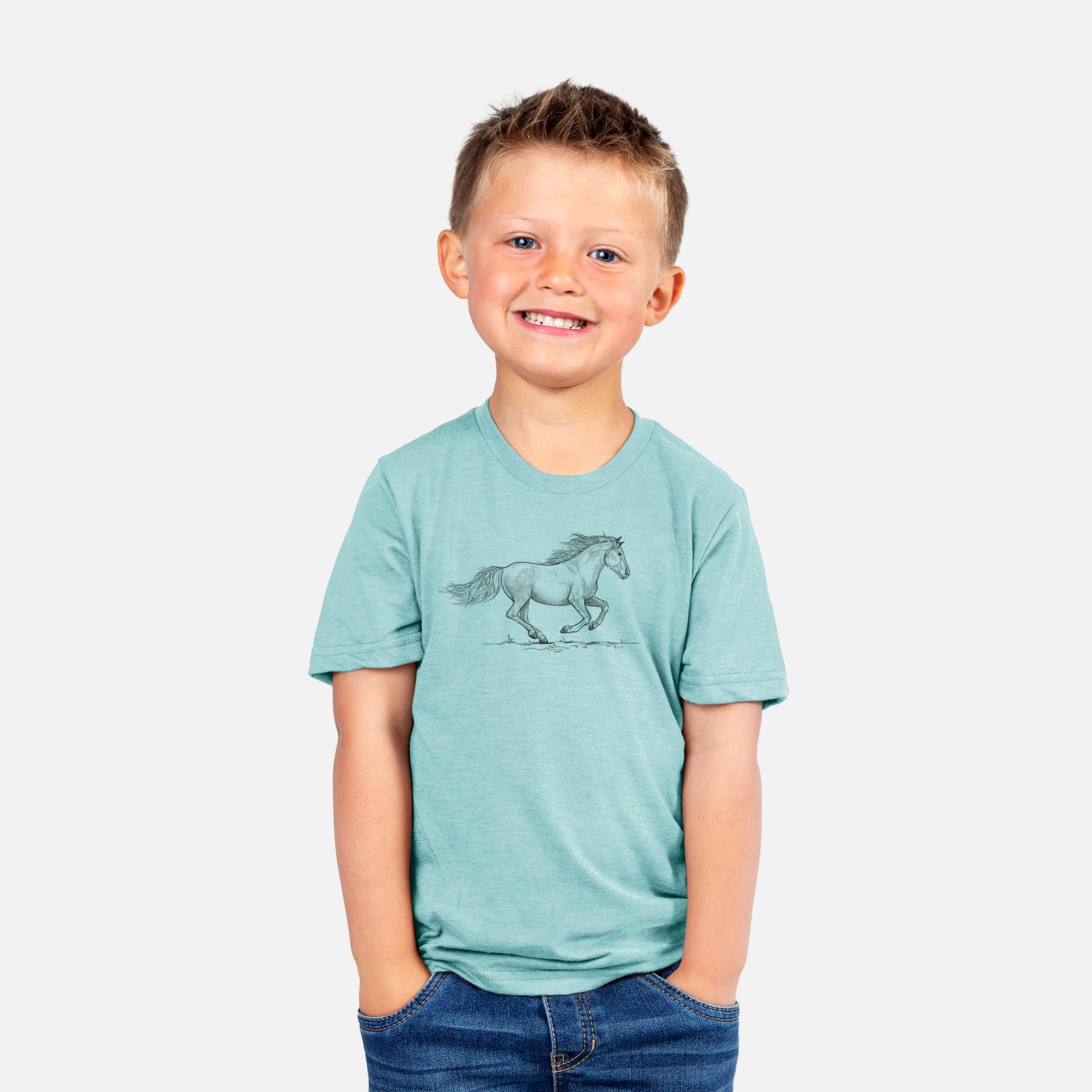 Two youth t-shirts in different colors on hangers, printed with a black ink illustration of a mustang horse running.