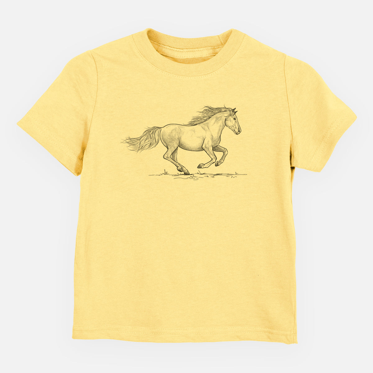 Butter yellow toddler t-shirt laid flat, printed with a black ink illustration of a mustang horse running.