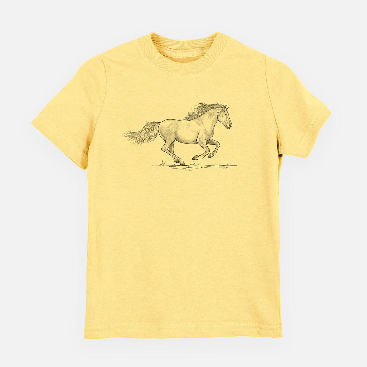 Butter yellow youth t-shirt laid flat, printed with a black ink illustration of a mustang horse running.