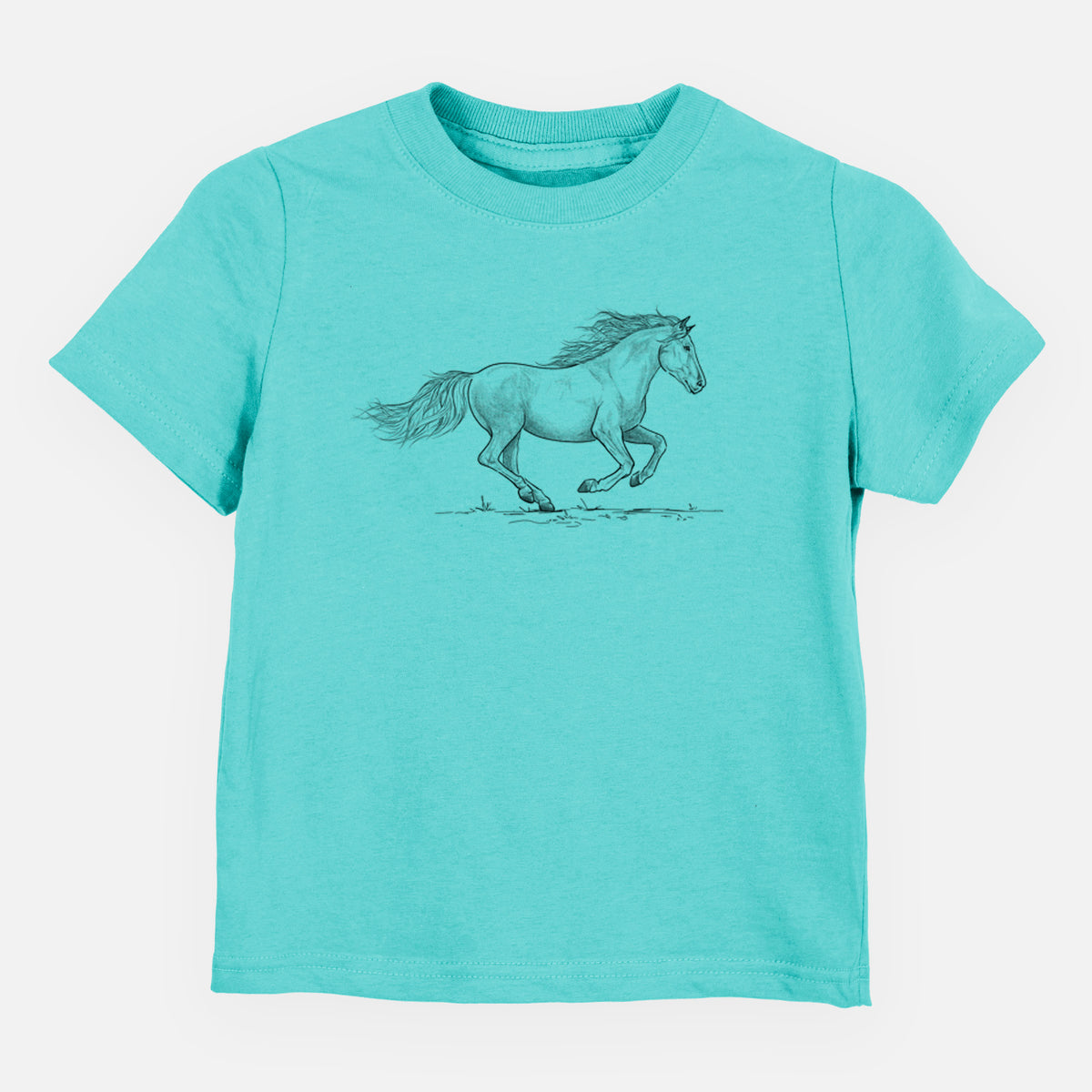 Caribbean blue toddler t-shirt laid flat, printed with a black ink illustration of a mustang horse running.
