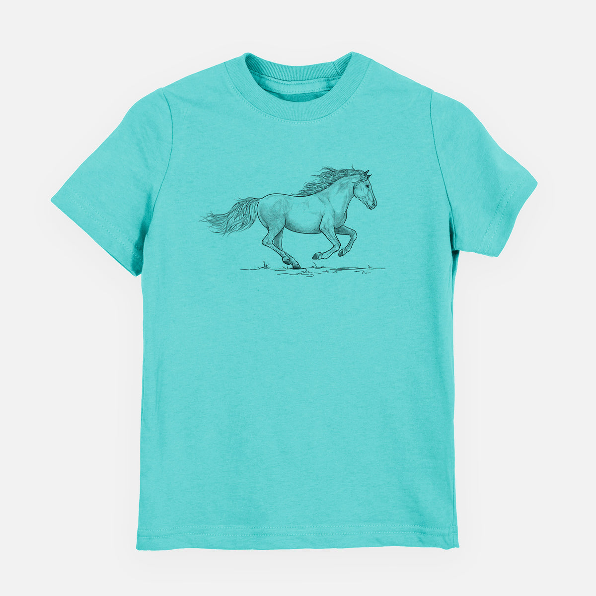 Caribbean blue youth t-shirt laid flat, printed with a black ink illustration of a mustang horse running.