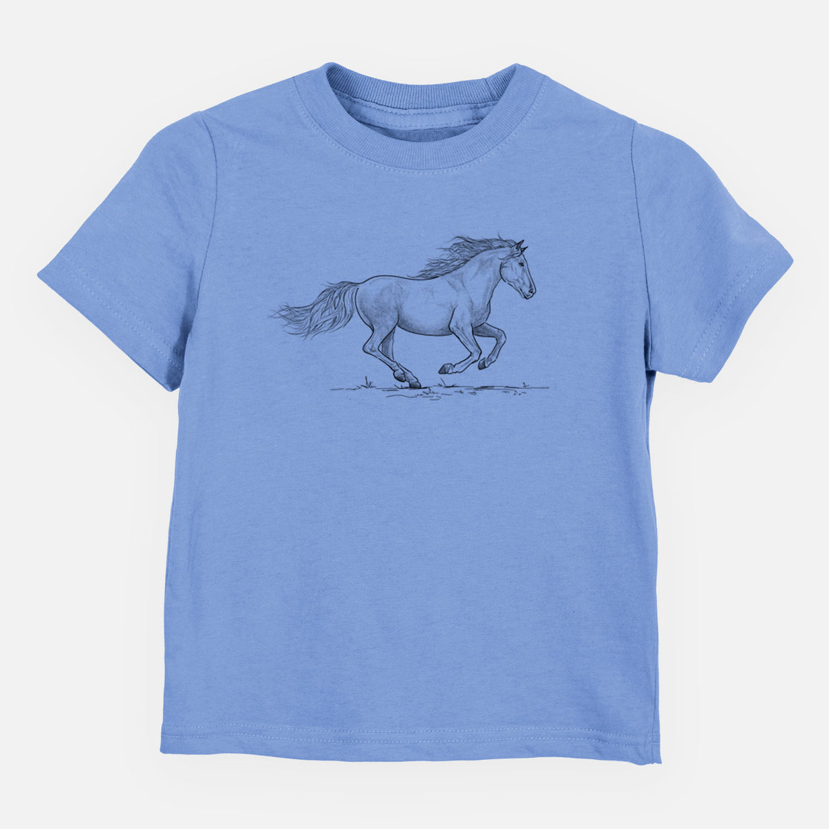 Carolina blue toddler t-shirt laid flat, printed with a black ink illustration of a mustang horse running.