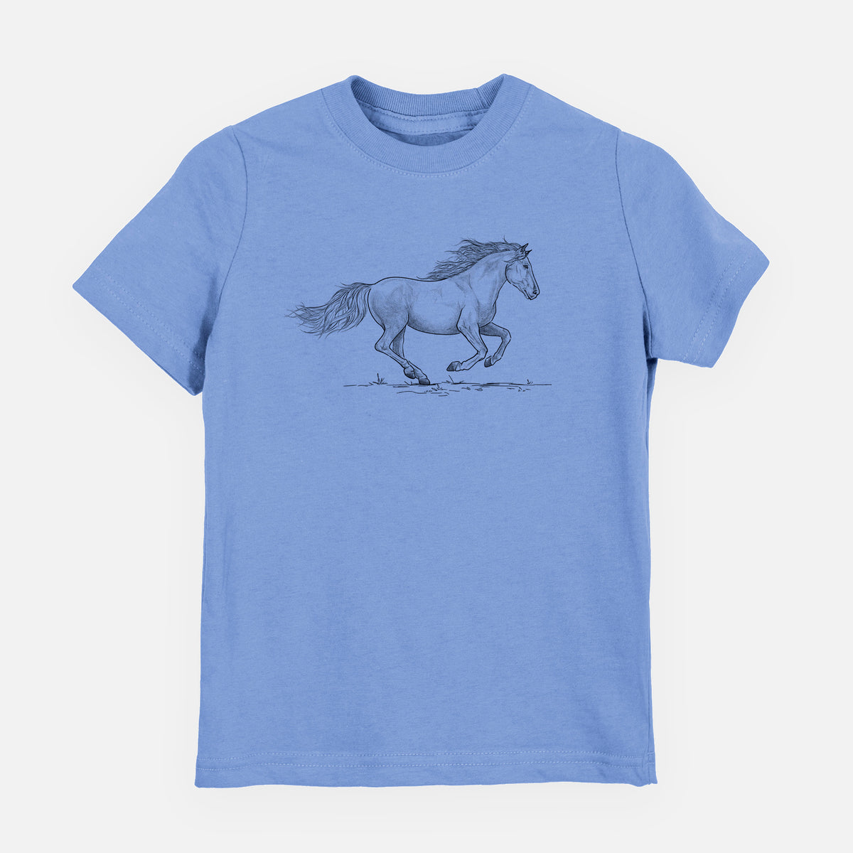 Carolina blue youth t-shirt laid flat, printed with a black ink illustration of a mustang horse running.