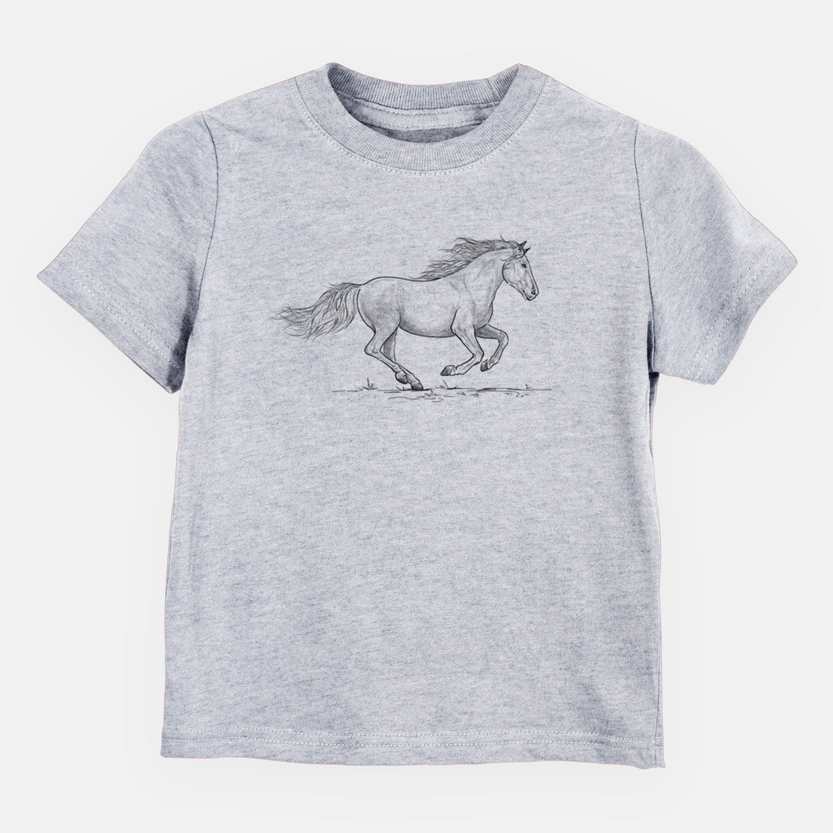 Heather grey toddler t-shirt laid flat, printed with a black ink illustration of a mustang horse running.
