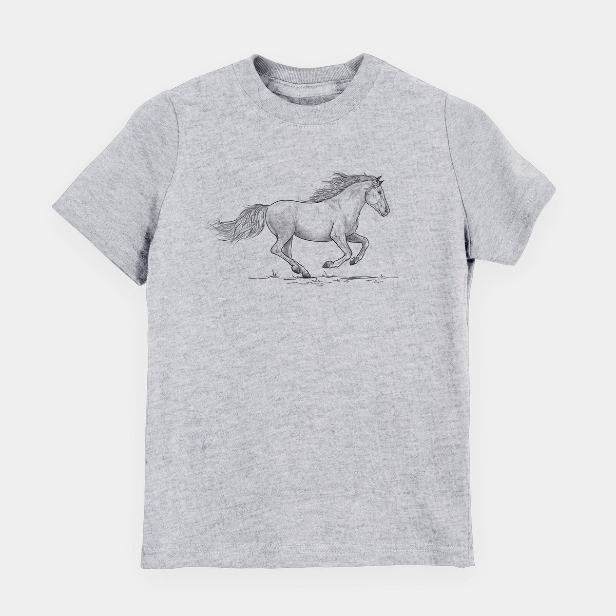 Heather grey youth t-shirt laid flat, printed with a black ink illustration of a mustang horse running.