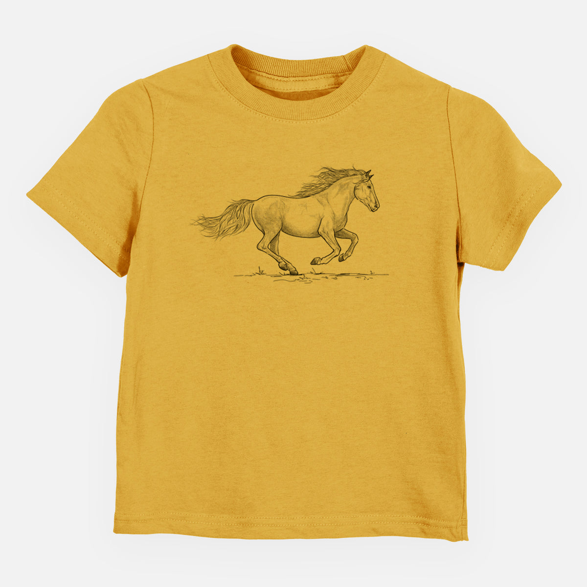 Honeycomb yellow toddler t-shirt laid flat, printed with a black ink illustration of a mustang horse running.
