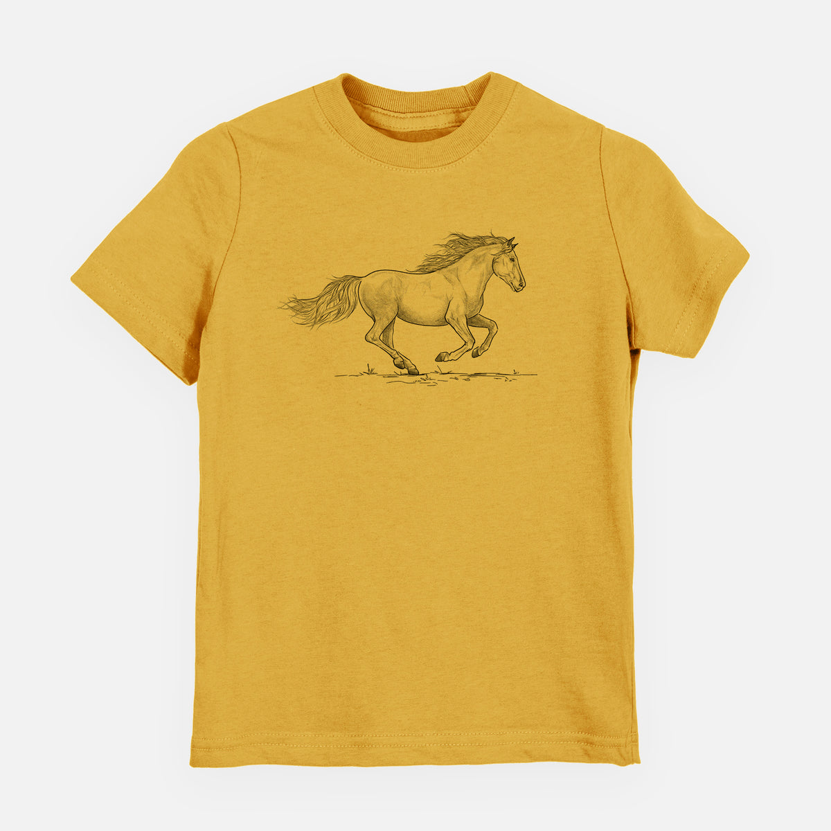 Honeycomb yellow youth t-shirt laid flat, printed with a black ink illustration of a mustang horse running.