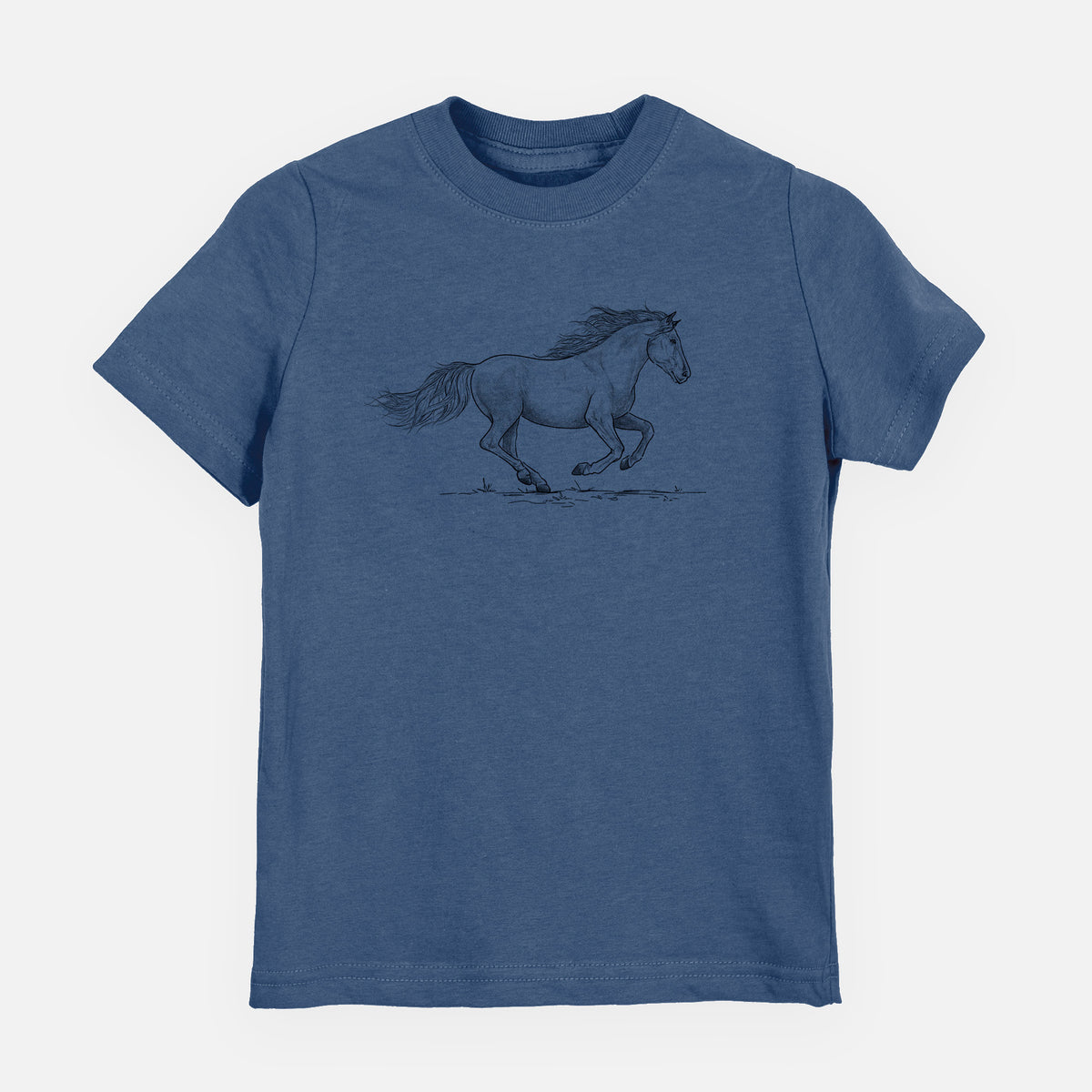 Indigo blue youth t-shirt laid flat, printed with a black ink illustration of a mustang horse running.