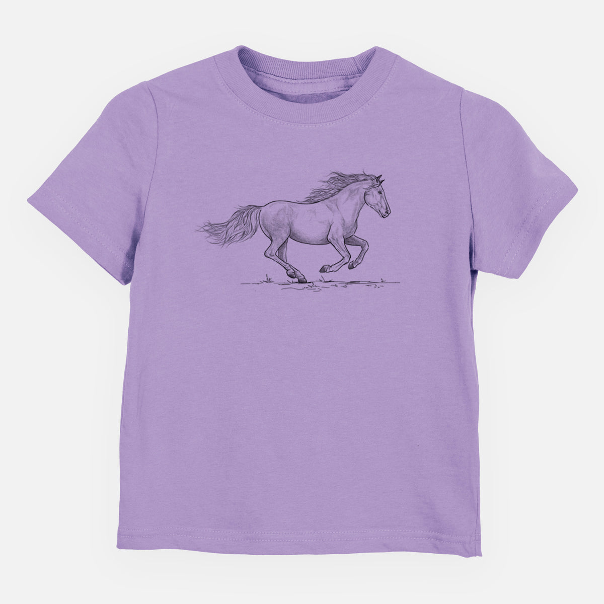 Lavender toddler t-shirt laid flat, printed with a black ink illustration of a mustang horse running.