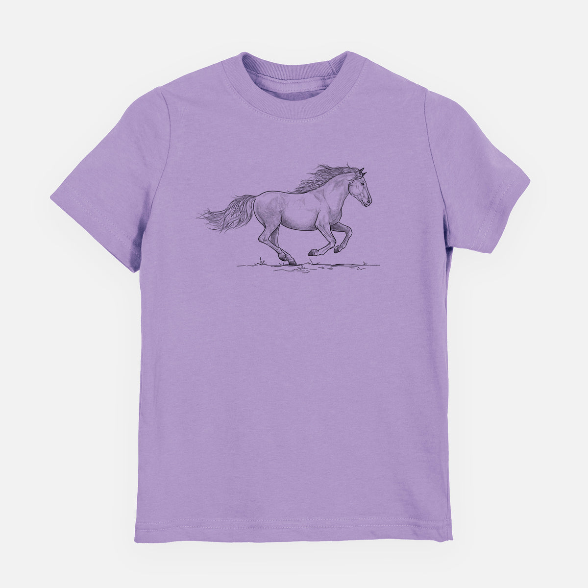 Lavender youth t-shirt laid flat, printed with a black ink illustration of a mustang horse running.