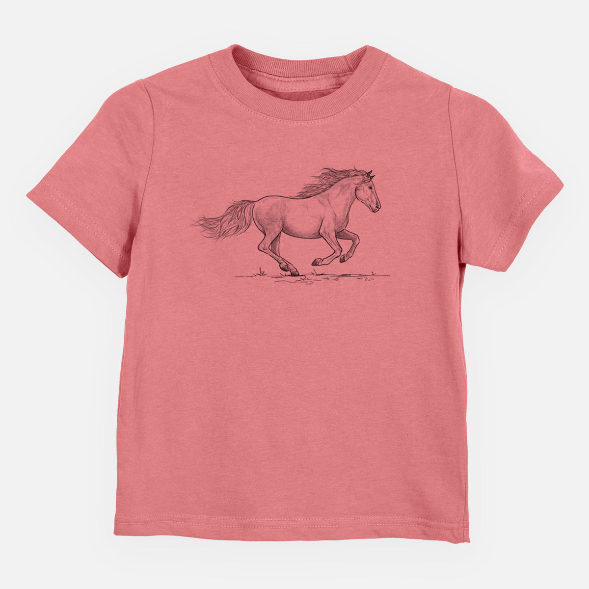 Mauve pink toddler t-shirt laid flat, printed with a black ink illustration of a mustang horse running.