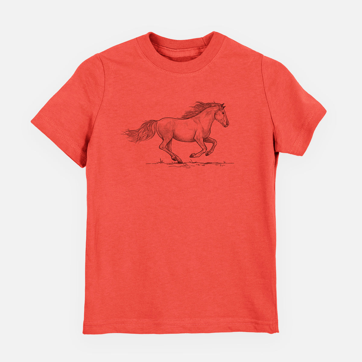 Passionfruit pink youth t-shirt laid flat, printed with a black ink illustration of a mustang horse running.